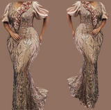 Luxury Sequined Rose Gold Petal Lace Long Dress