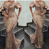 Luxury Sequined Rose Gold Petal Lace Long Dress